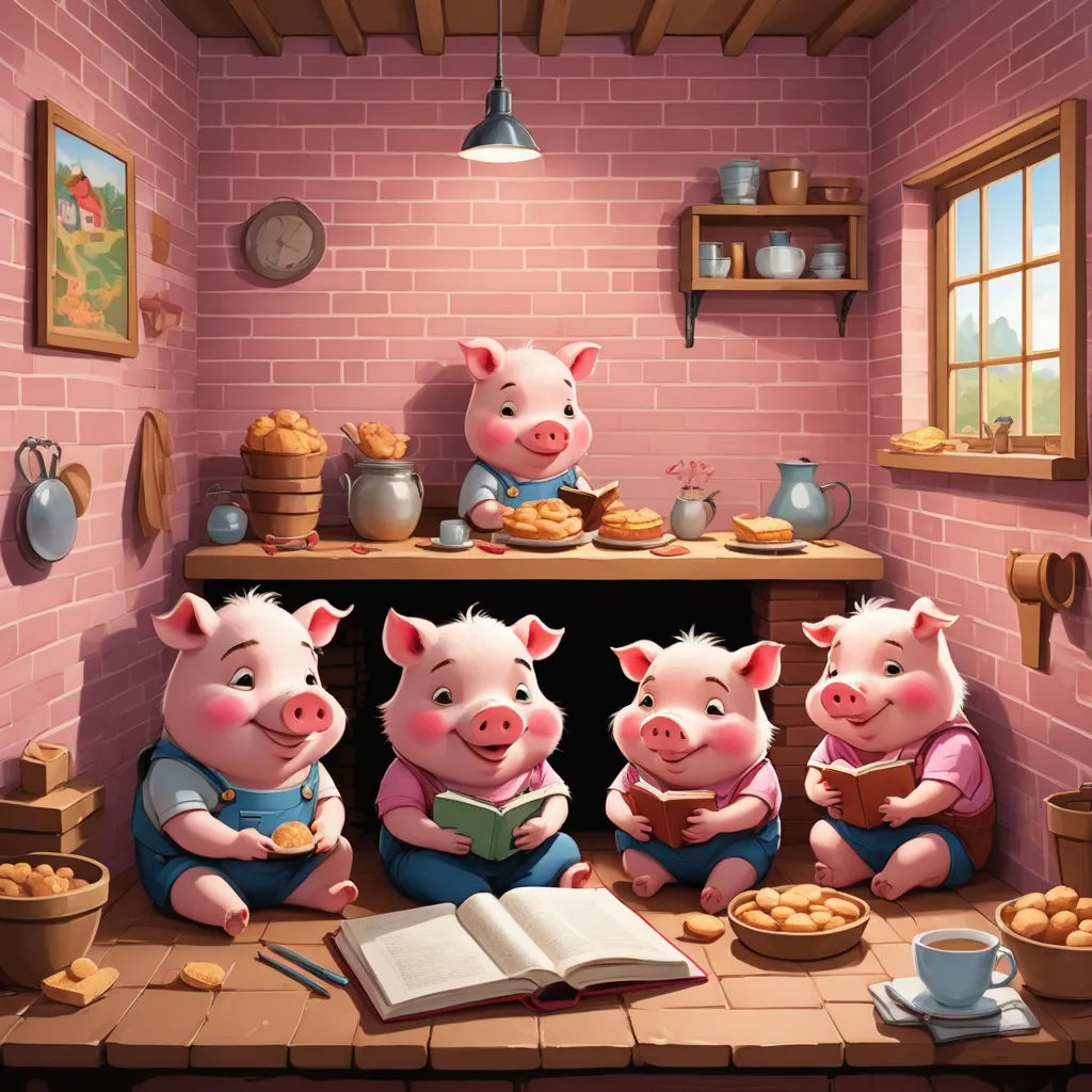 a group of pigs sitting on a kitchen floor next to a book and a bowl of food on a table, pop surrealism, a storybook illustration, Chris LaBrooy, storybook illustration