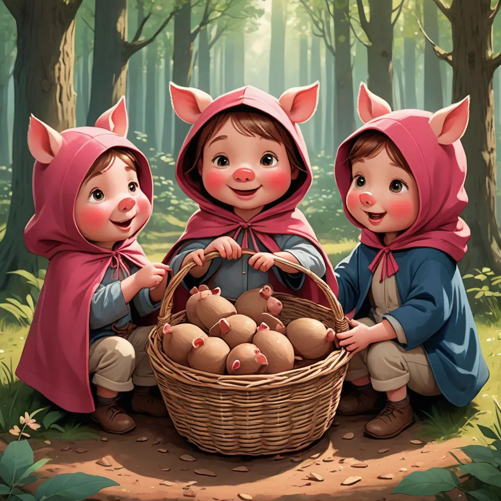 three children dressed in red sitting in the woods with eggs in a basket and a basket of eggs in the foreground, lyco art, a storybook illustration, Diego Gisbert Llorens, official art