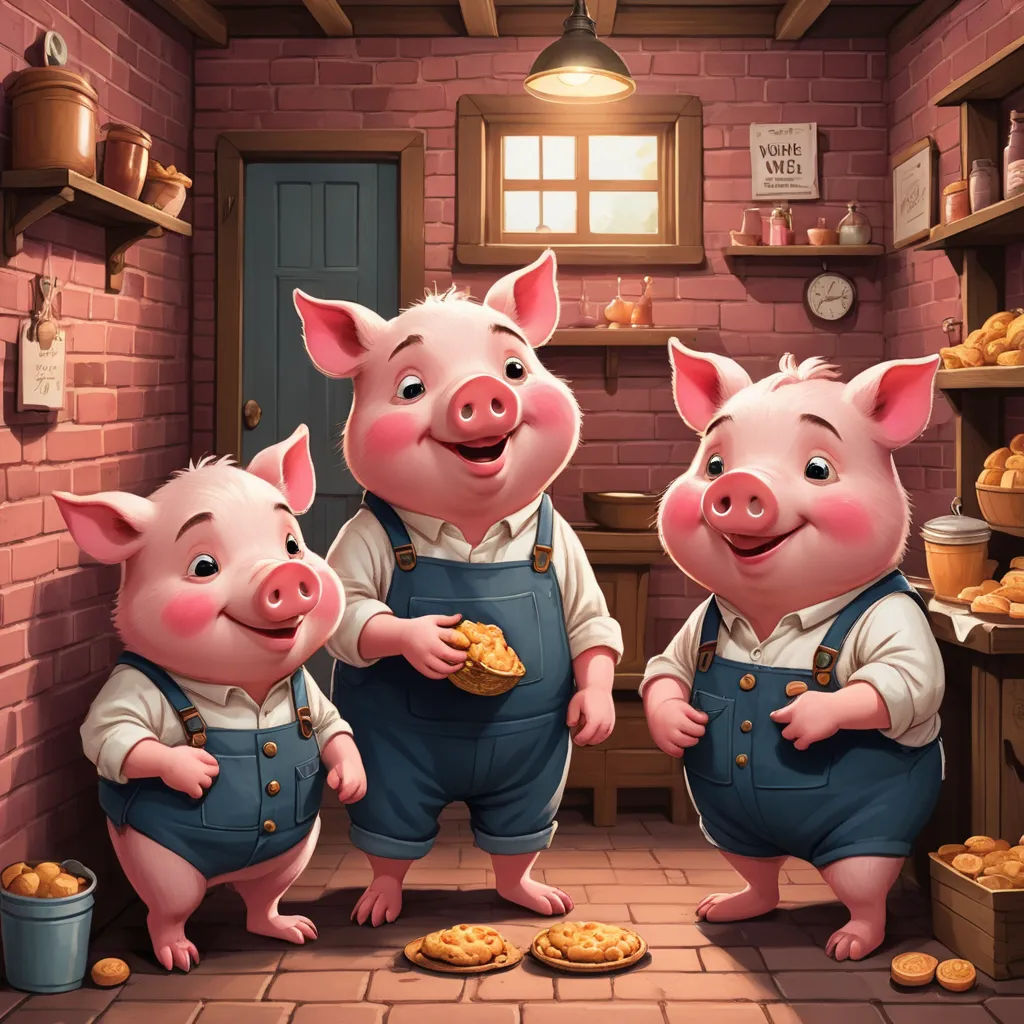 three pigs standing in a kitchen with a pie in their hands and a brick wall behind them, with a window and a door, sots art, a storybook illustration, David Teniers III, storybook illustration