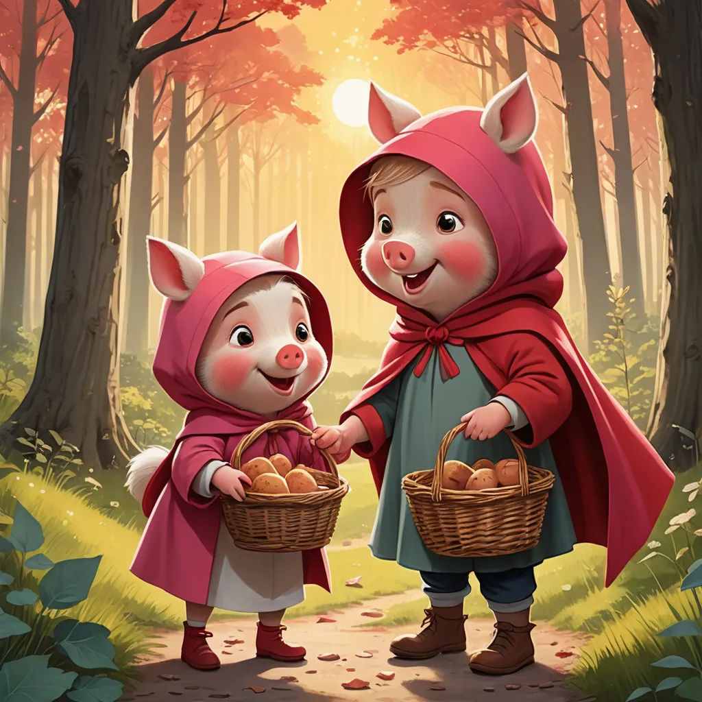 two pigs in a forest with a basket of eggs and a pig in a red cape and a pig in a red cloak, fantasy art, a storybook illustration, Diego Gisbert Llorens, official art