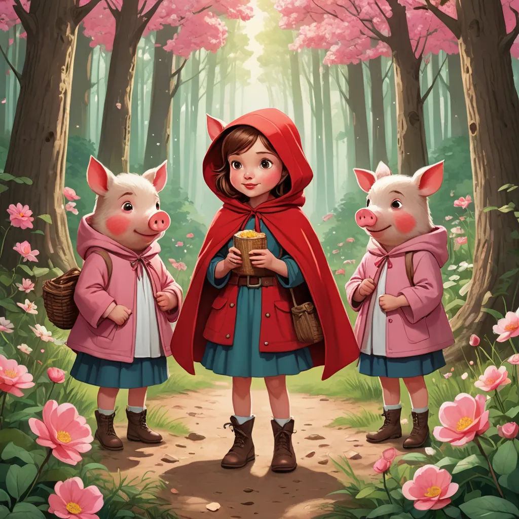 a painting of a little red riding pig with two pigs in the woods and a girl in a red cape, fantasy art, a storybook illustration, Clarice Beckett, official art