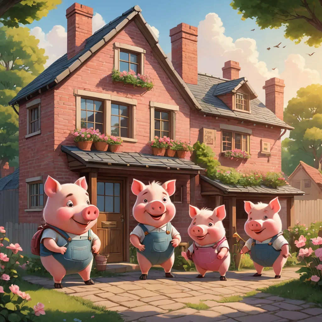 a group of pigs standing in front of a house with a pig in the front yard and a pig in the back, fantasy art, a storybook illustration, Chris LaBrooy, storybook illustration