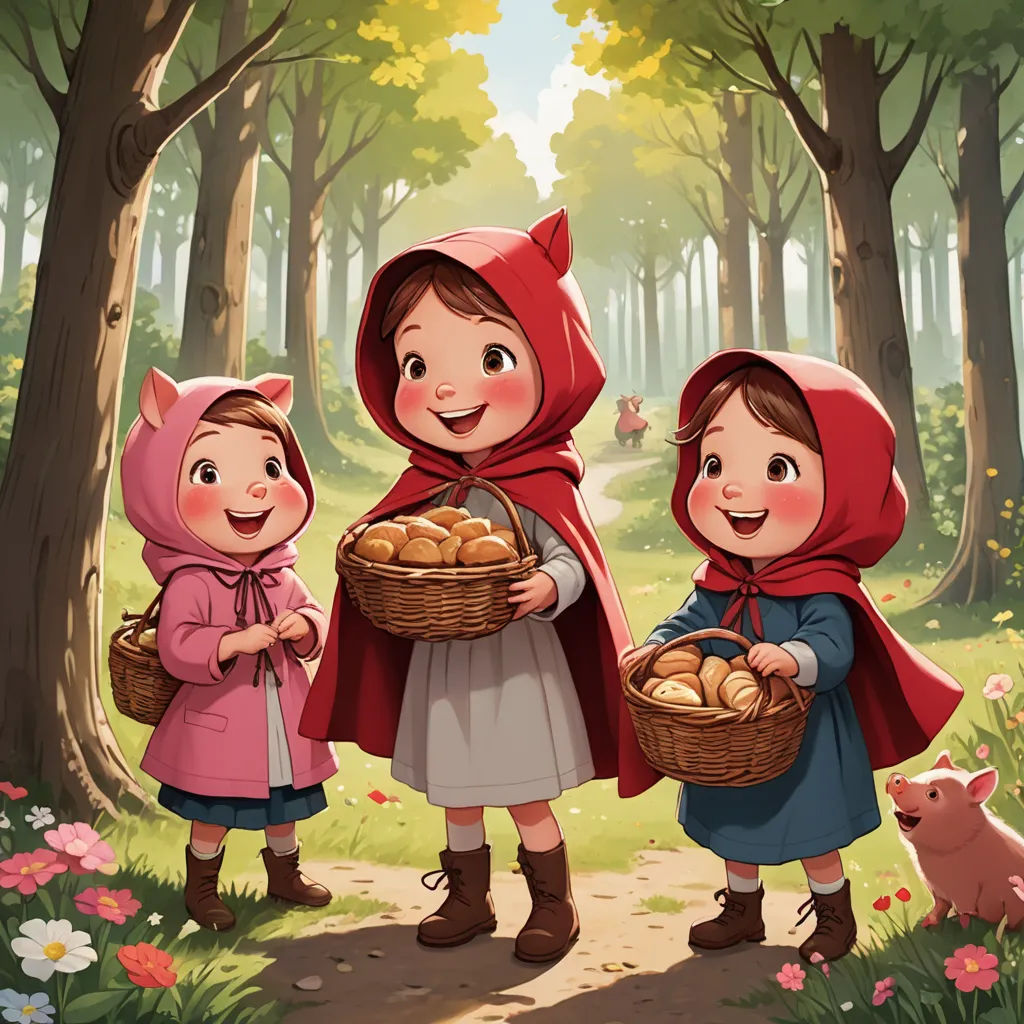three little girls dressed in red standing in a forest with a basket of bread and a pig in the background, synthetism, a storybook illustration, Diego Gisbert Llorens, storybook illustration