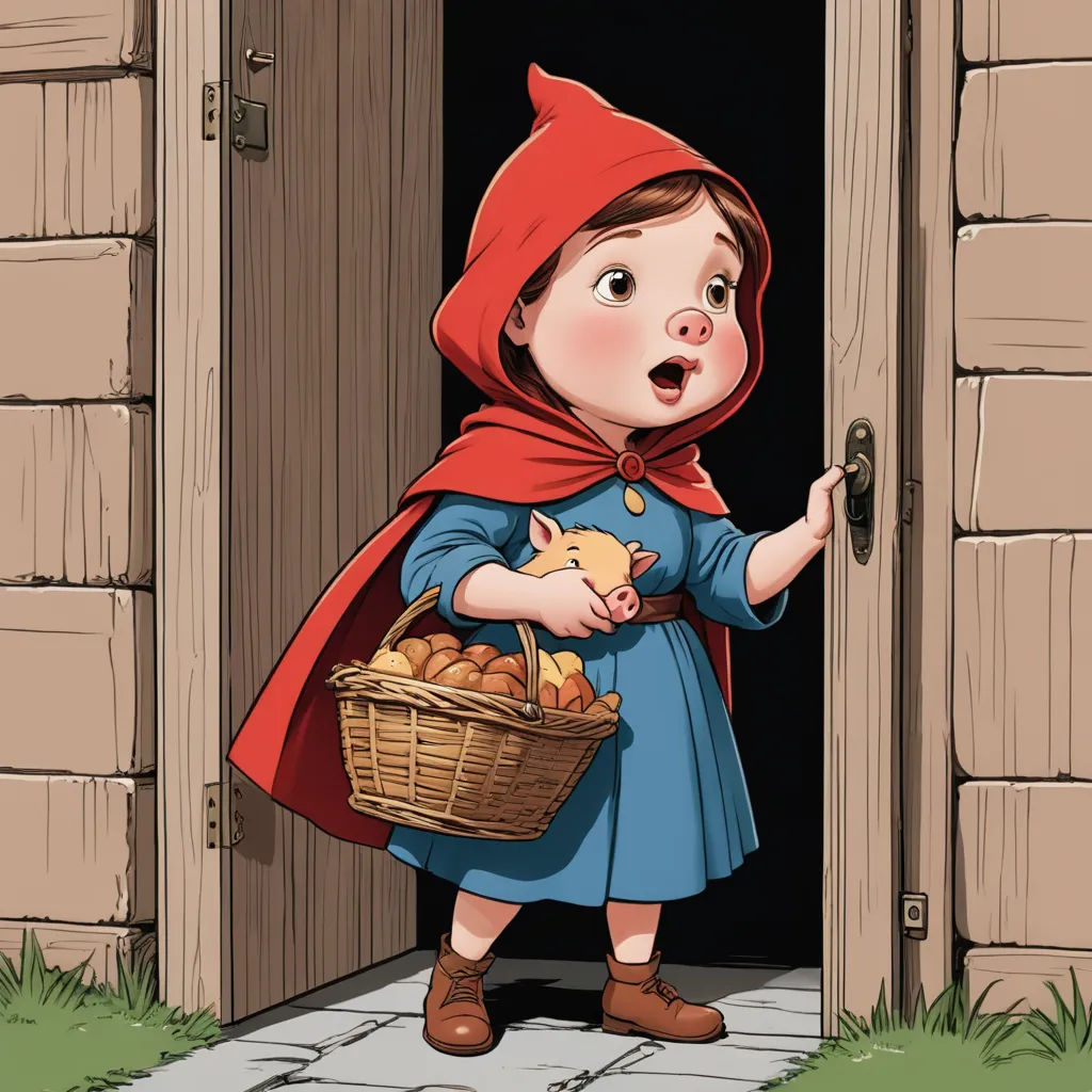 a little red riding hood holding a basket of eggs and a kitten in it's hand while standing in front of a door, fantasy art, a storybook illustration, Evaline Ness, storybook illustration