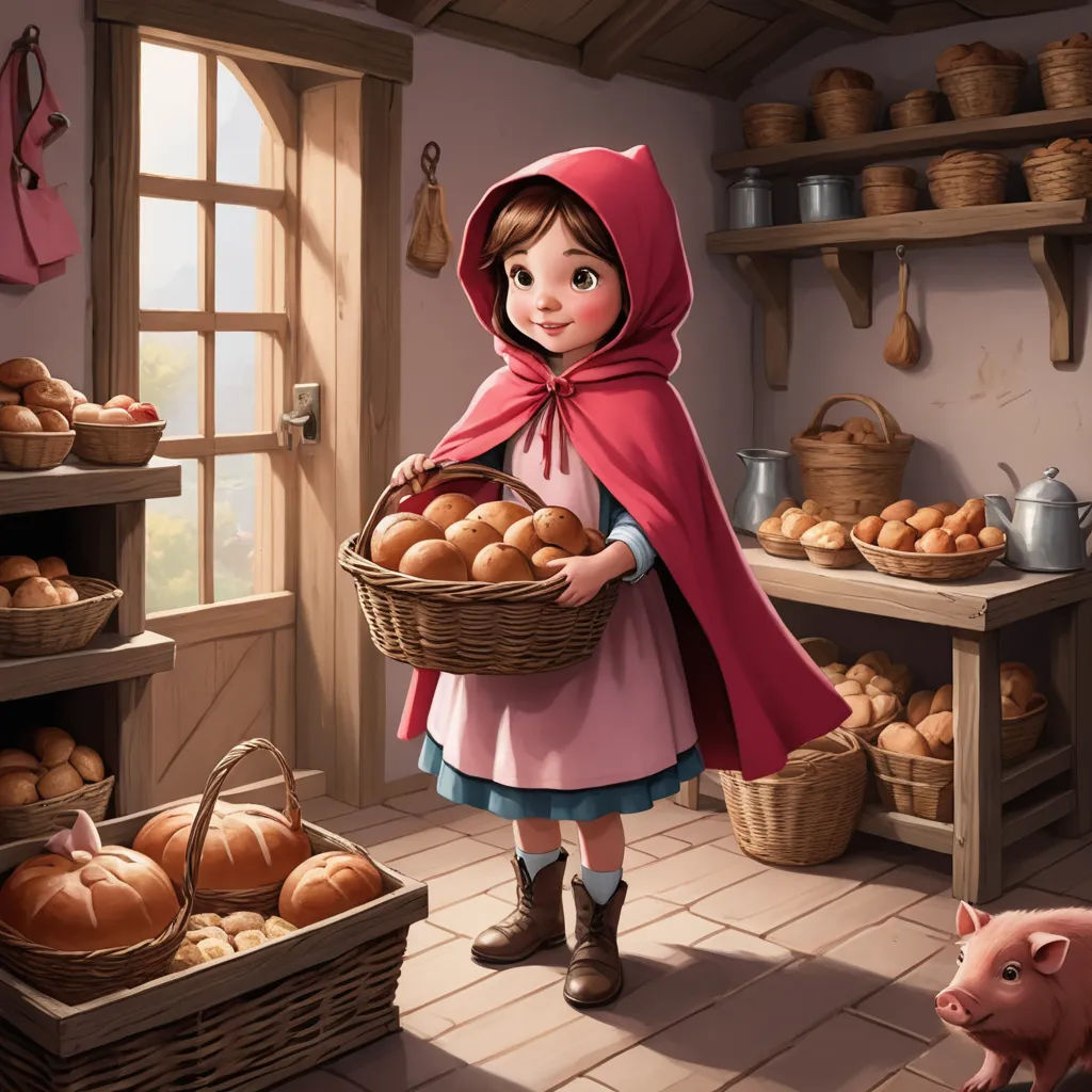 a little girl holding a basket of eggs in a kitchen with a pig in the background and a pig in the foreground, fantasy art, a storybook illustration, Evaline Ness, storybook illustration
