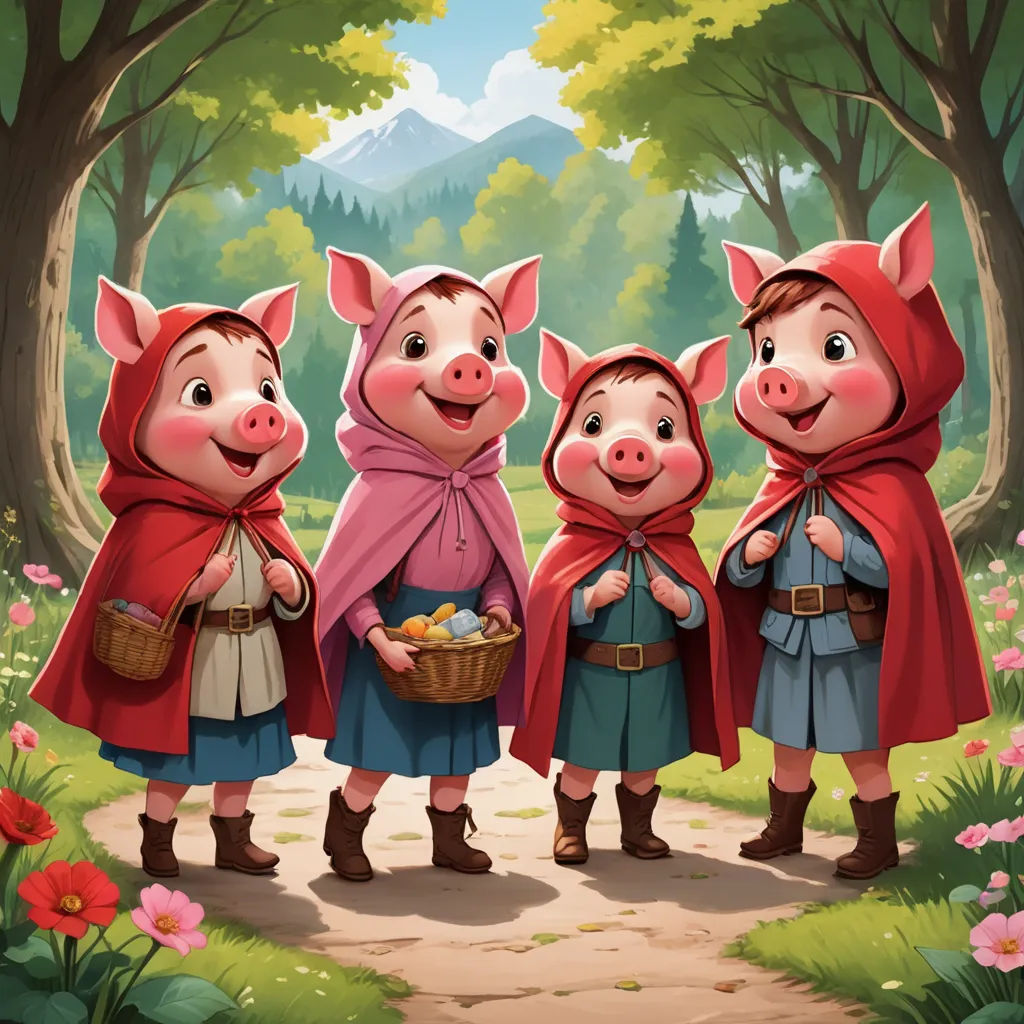 a group of pigs standing next to each other in a forest with a basket of eggs in their hands, sots art, a storybook illustration, Diego Gisbert Llorens, storybook illustration