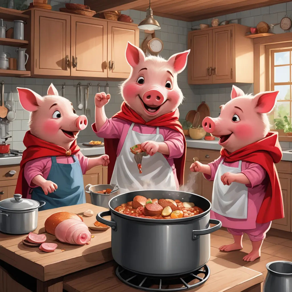 three pigs are standing in a kitchen with a pot of food in front of them and a pig is standing in the middle of the kitchen, sots art, a storybook illustration, Alejandro Burdisio, storybook illustration