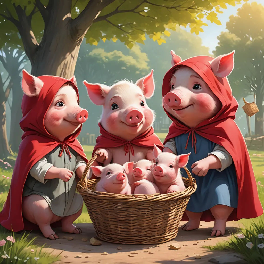three pigs in a basket with a little pig in the middle of them and a little pig in the middle of the basket, fantasy art, a storybook illustration, David Martin, storybook illustration