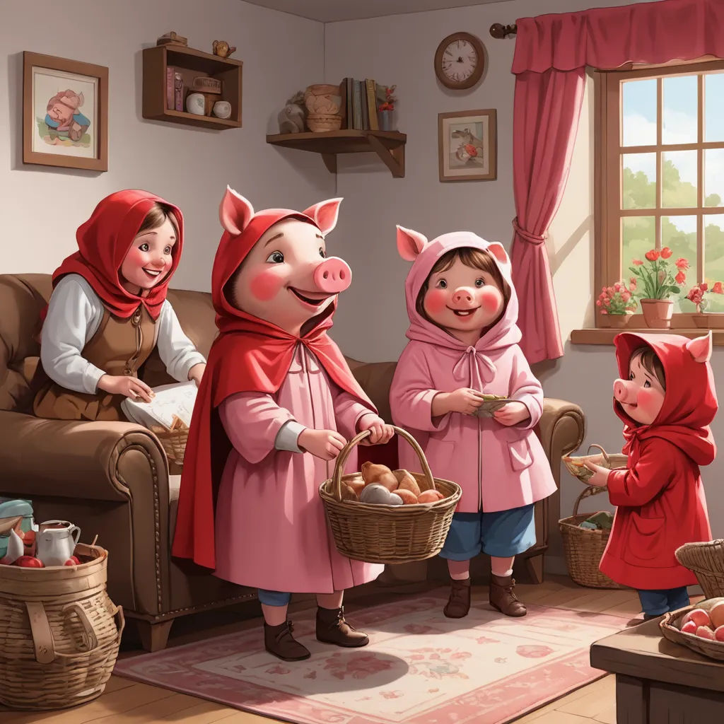 a group of children dressed in pig costumes standing in a living room with a basket of eggs and a pig, fantastic realism, a storybook illustration, David Martin, storybook illustration