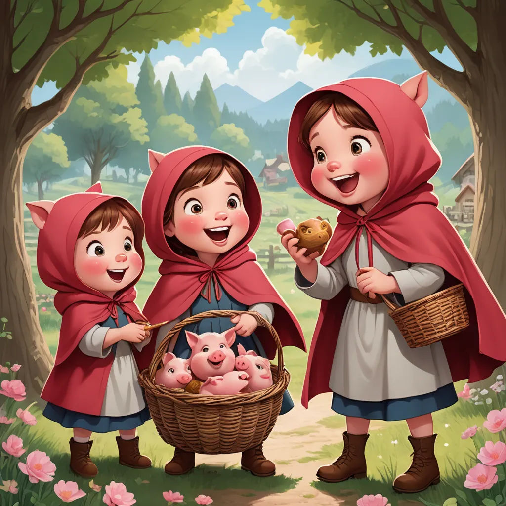 three little girls dressed in red holding a basket of pigs in a forest with a pig in the basket, synthetism, a storybook illustration, Brothers Hildebrandt, storybook illustration
