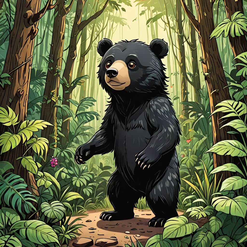 a black bear standing in the middle of a forest with lots of trees and plants around it, with a sunbeam in the background, Chris LaBrooy, environmental art, a storybook illustration, josan gonzales and dan mumford