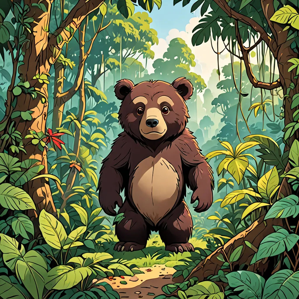 a bear standing in the middle of a forest with lots of trees and plants around it, with a path leading to the bear, Chris LaBrooy, environmental art, a character portrait, official art