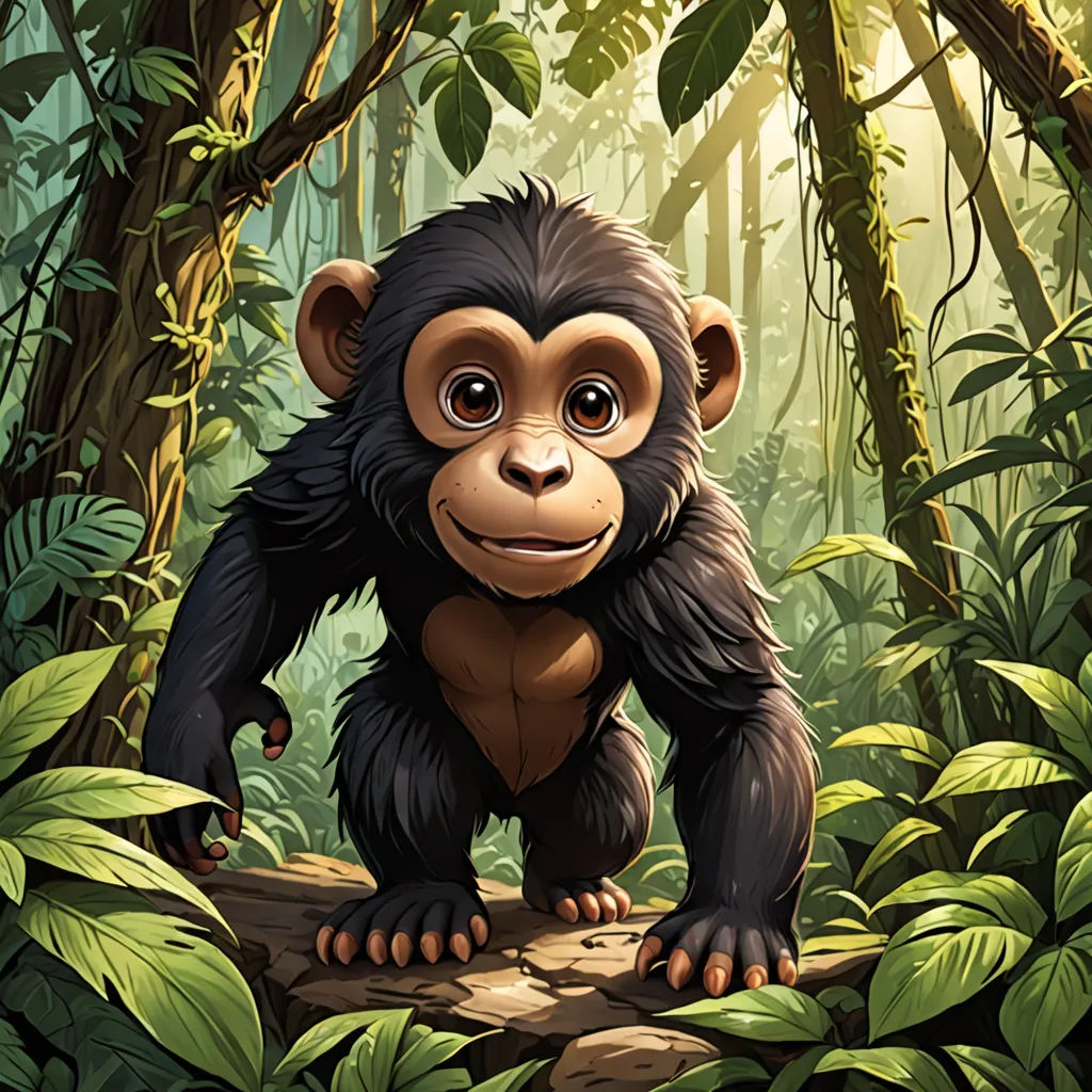 a monkey in the jungle with a smile on his face and hands on a log in the foreground, Alex Petruk APe, primitivism, a digital painting, highly detailed digital painting