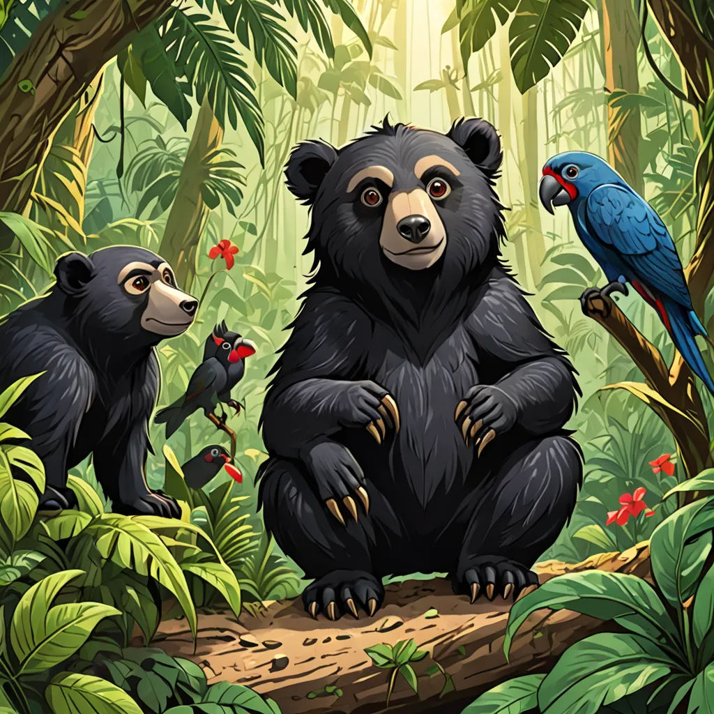 a bear and two birds are sitting on a log in the jungle with a bird on its back and a parrot on its shoulder, Chris LaBrooy, primitivism, a storybook illustration, official art