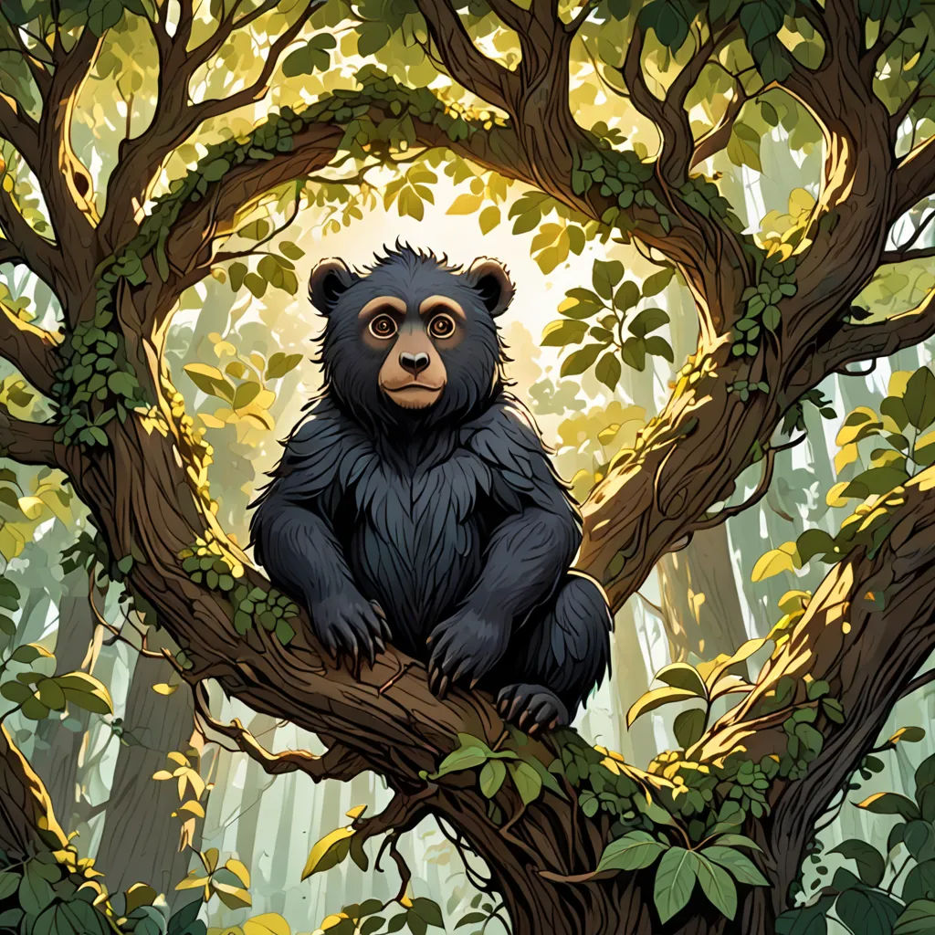 a bear sitting in a tree with leaves on it's branches and looking at the camera with a smile, Chris LaBrooy, fantasy art, a storybook illustration, storybook illustration