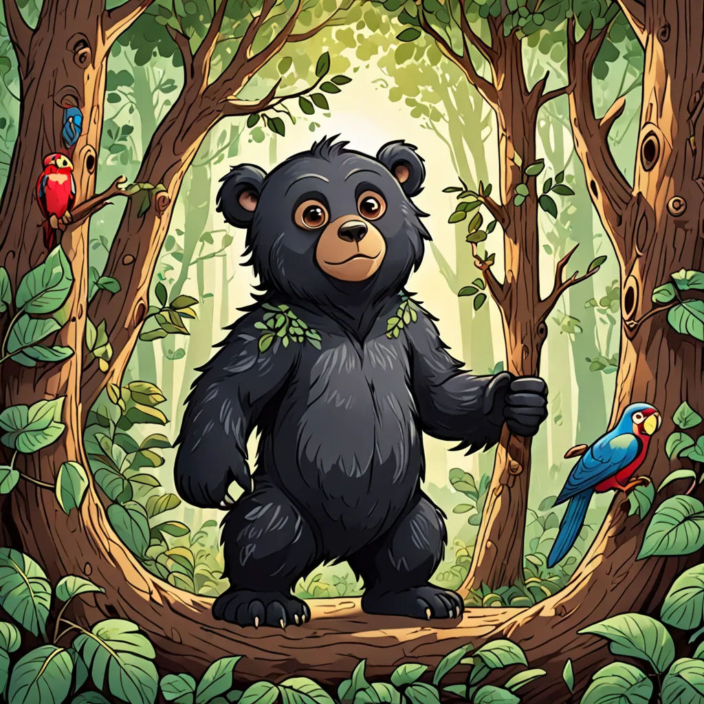 a bear standing in the middle of a forest with a parrot on his shoulder and a parrot on his shoulder, Chris LaBrooy, primitivism, a storybook illustration, storybook illustration