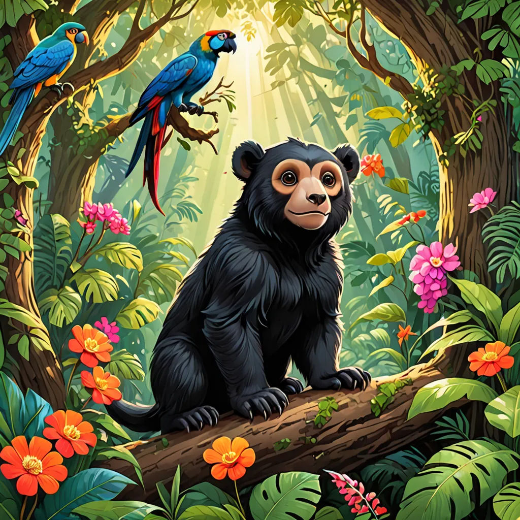 a painting of a black bear sitting on a tree branch in a forest with a parrot on its back, Chris LaBrooy, primitivism, a storybook illustration, official art