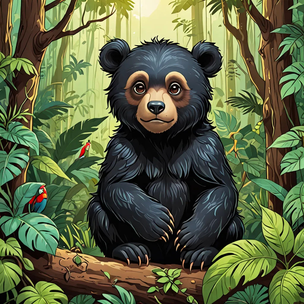 a black bear sitting in the middle of a forest with a bird on it's back and a parrot on its shoulder, Chris LaBrooy, environmental art, a storybook illustration, behance hd
