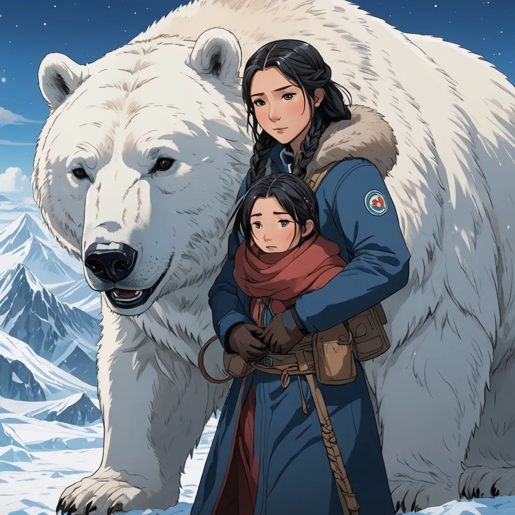 a woman and child standing next to a polar bear in the snow with mountains in the background and stars in the sky, furry art, poster art, Cedric Peyravernay, official art