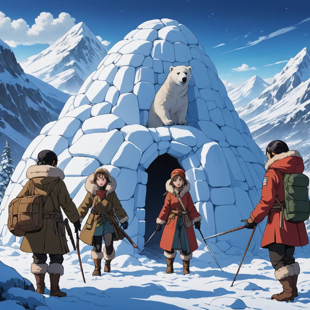 a group of people standing in front of a snow covered building with a polar bear on top of it, environmental art, poster art, An Gyeon, official art