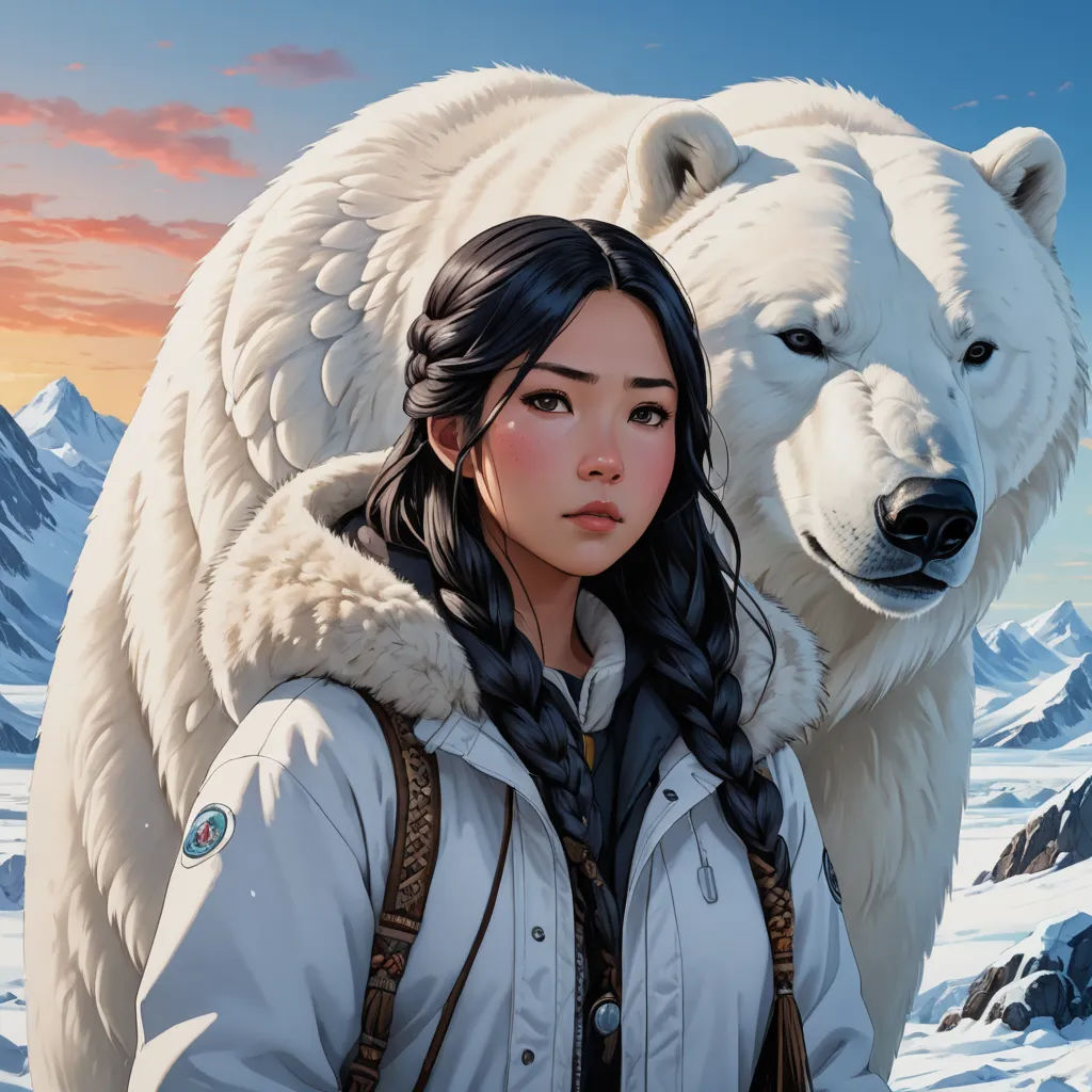 a woman standing next to a large white polar bear in the snow with mountains in the background and a sunset, fantasy art, a character portrait, Artgerm, trending on art station