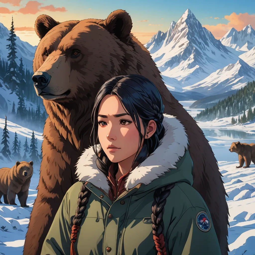 a woman standing in front of a bear in the snow with a mountain in the background and a sky with clouds, sots art, a character portrait, Dan Mumford, official art