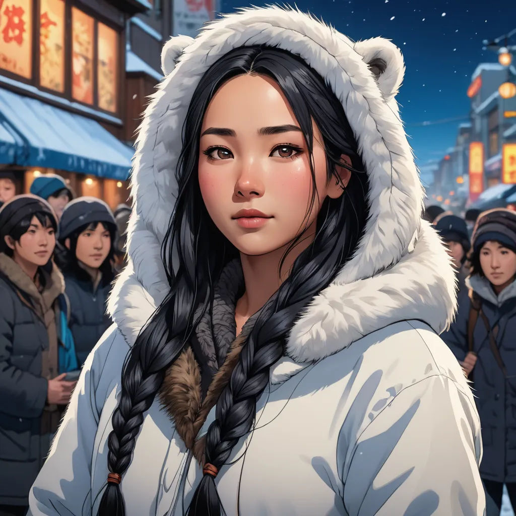 a woman in a white coat and a bear hat in front of a crowd of people in winter clothes, photorealism, a comic book panel, Artgerm, stanley artgerm lau