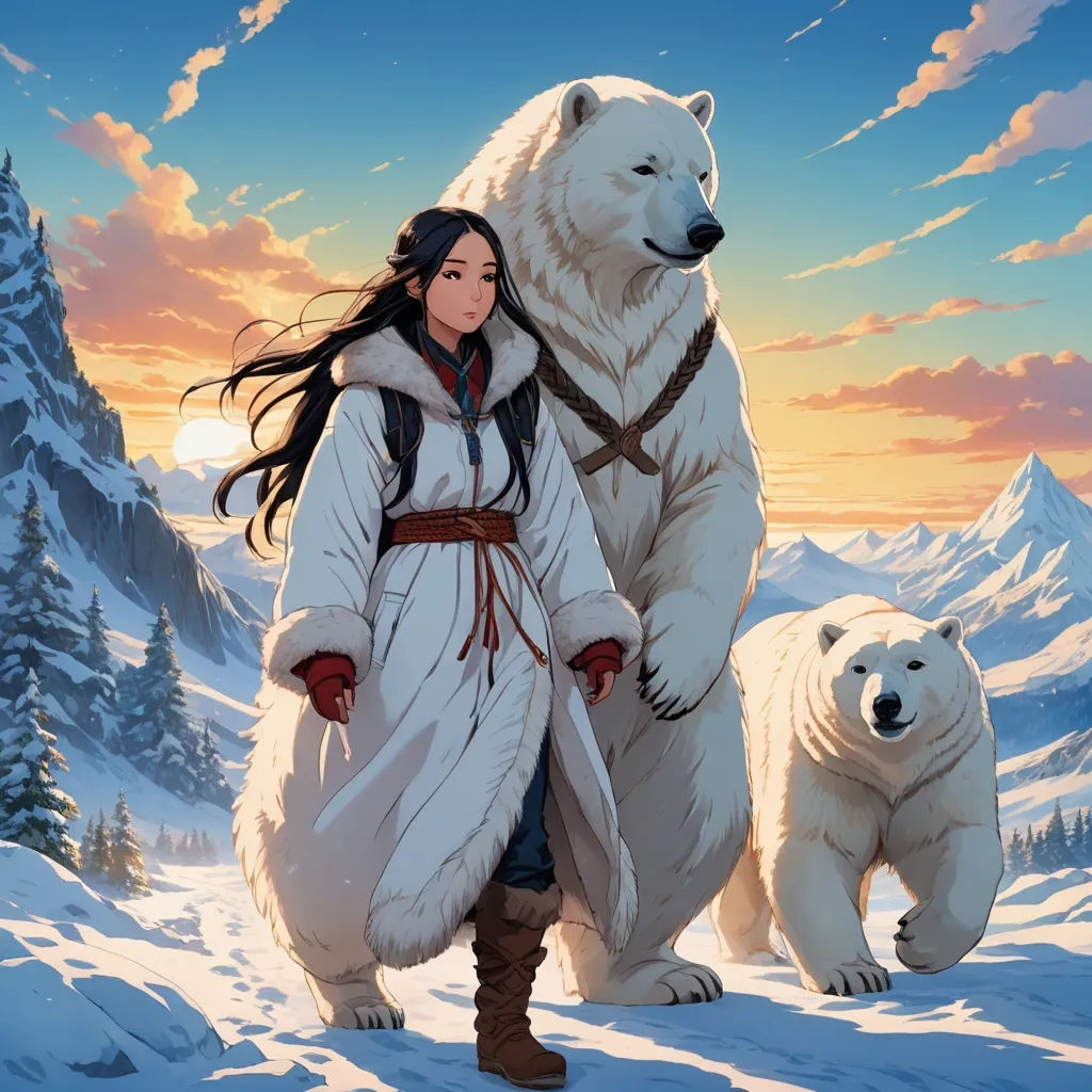 a woman in a white coat standing next to a polar bear in the snow with a sunset behind her, furry art, concept art, Cedric Peyravernay, official art
