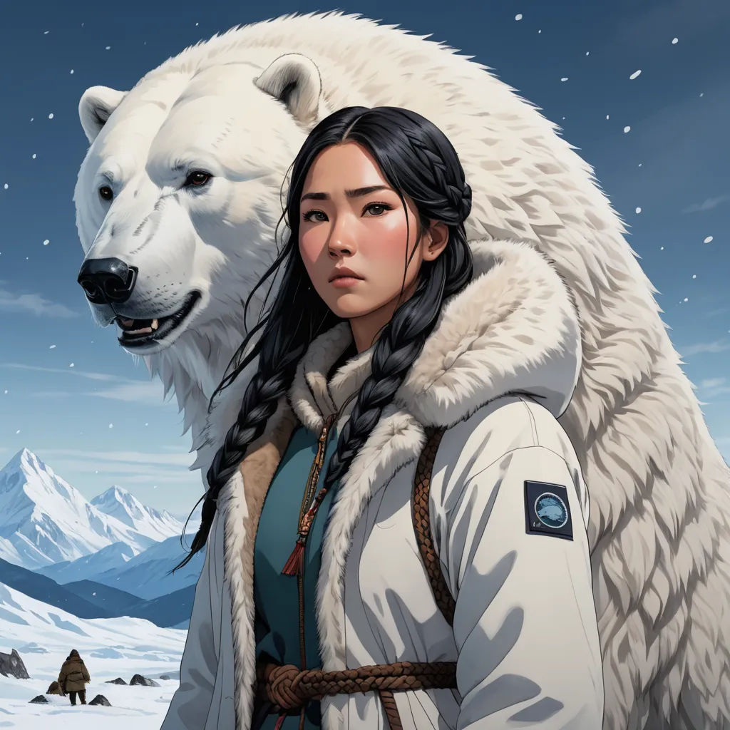a woman standing next to a white bear in the snow with a sky background and snow covered mountains in the background, fantasy art, a character portrait, Cedric Peyravernay, stanley artgerm lau
