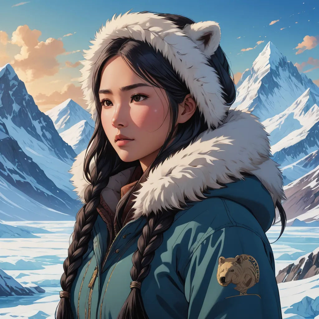 a woman in a fur hat standing in front of mountains and snow covered hills with a bear on her shoulder, fantasy art, a character portrait, Artgerm, stanley artgerm lau