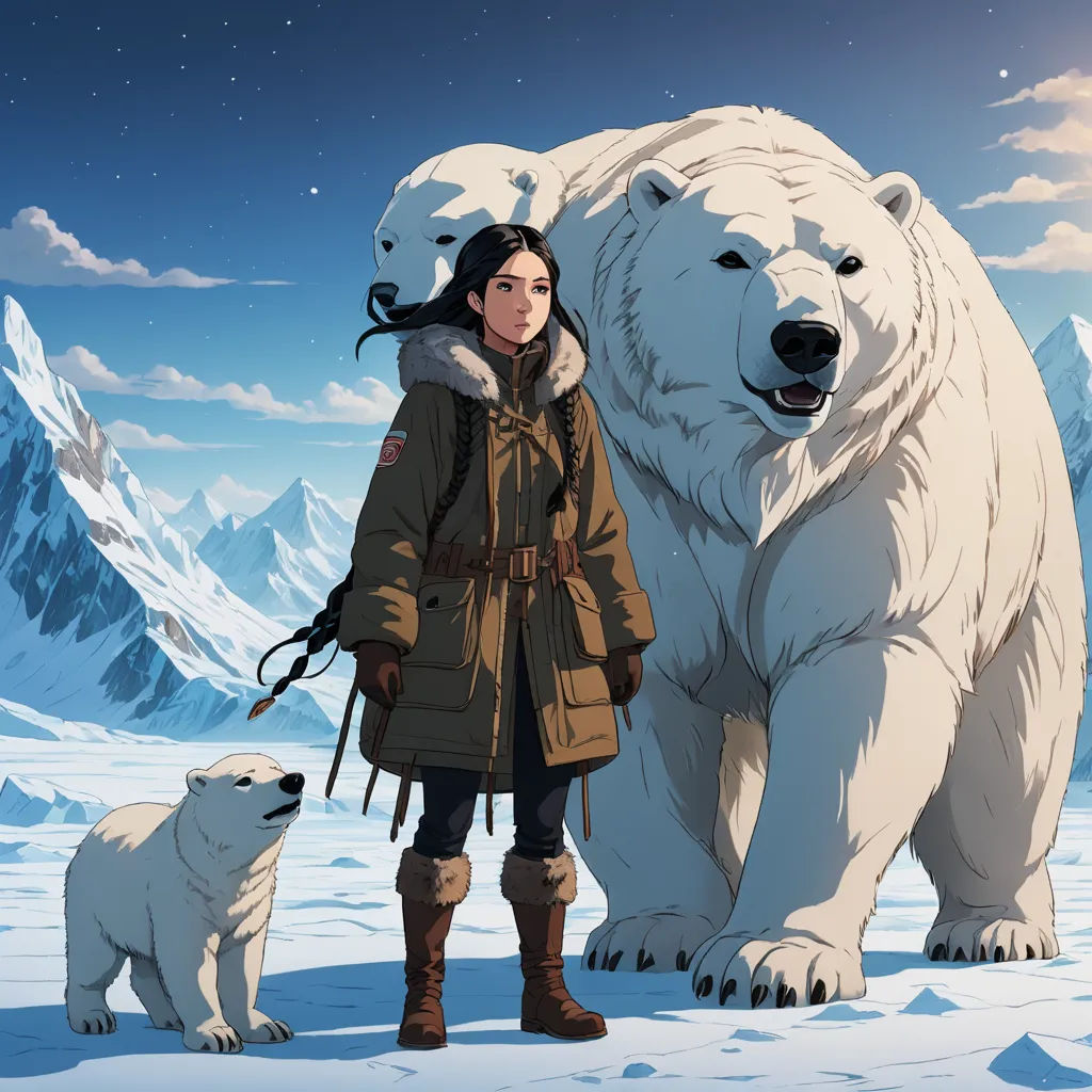 a woman standing next to two polar bears in the snow with mountains in the background and a sky with stars, furry art, poster art, Cliff Childs, official art