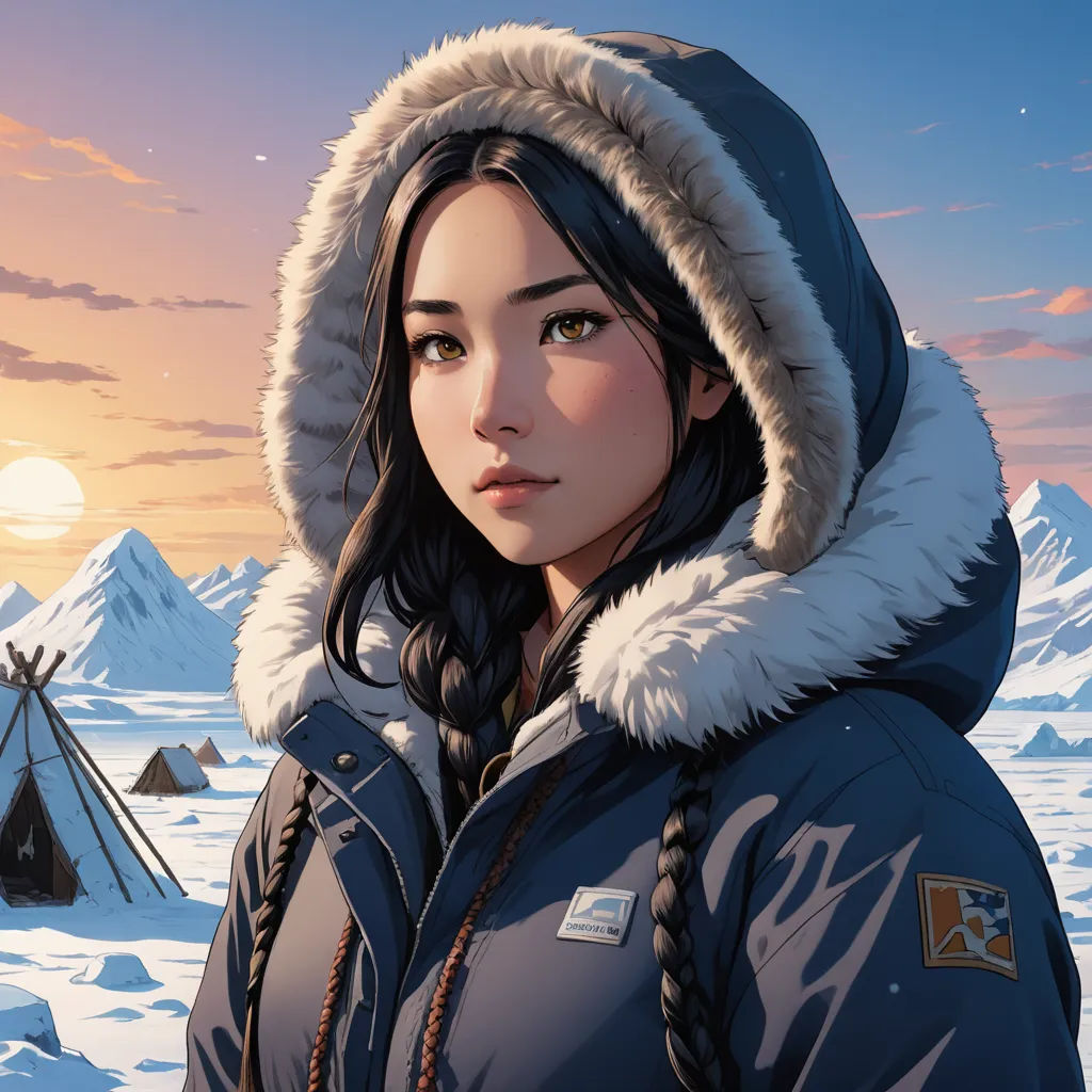 a woman in a blue jacket standing in the snow with a tent in the background and a tent in the foreground, fantasy art, a character portrait, Atey Ghailan, rossdraws global illumination