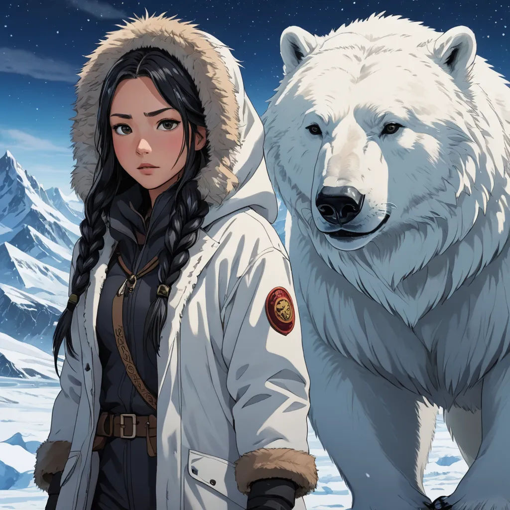 a woman standing next to a polar bear in the snow with a sky background and stars in the sky, furry art, a character portrait, Charlie Bowater, cushart krenz