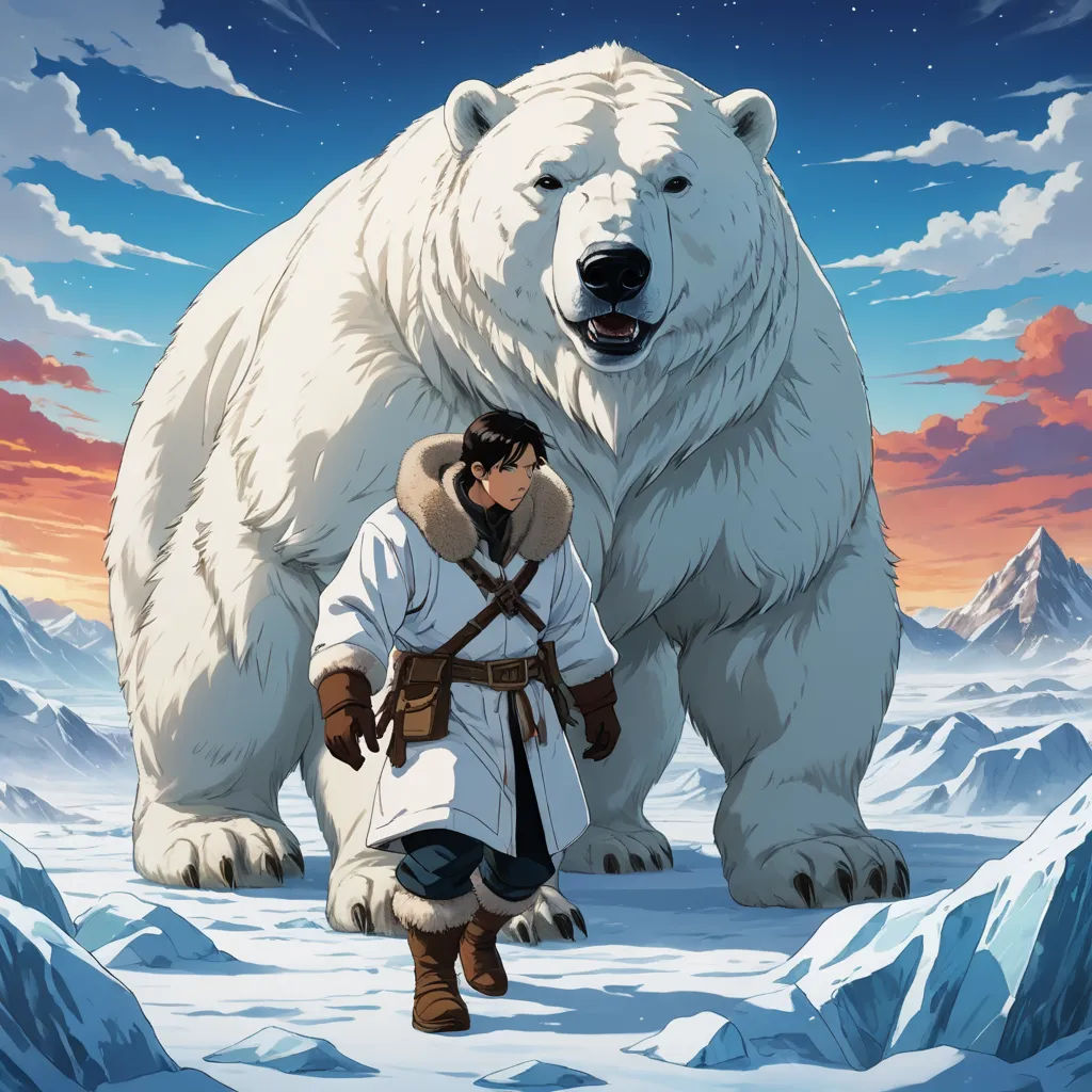 a man standing next to a large polar bear on a snow covered ground with a sky background and clouds, furry art, poster art, An Gyeon, official art