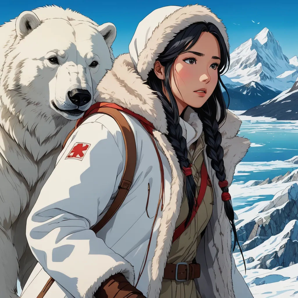 a woman in a white coat and a white bear in the snow with mountains in the background and a blue sky, fantasy art, a character portrait, Artgerm, cushart krenz