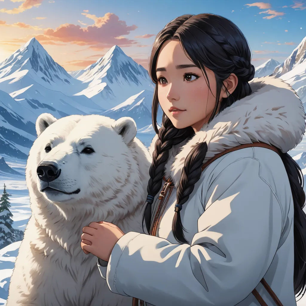 a woman holding a polar bear in front of a mountain range at sunset with a sky background and clouds, fantasy art, a character portrait, Artgerm, official art