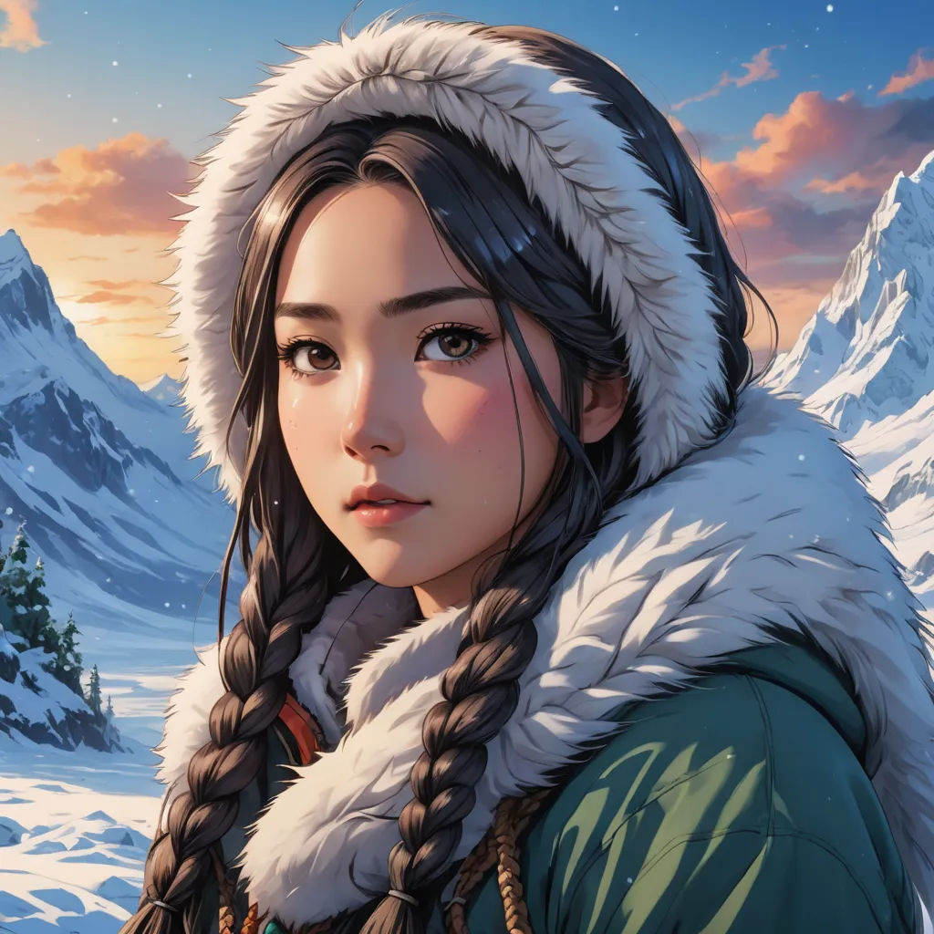a girl with long hair and a fur hat on in the snow with mountains in the background and a sunset, fantasy art, a detailed painting, Artgerm, stanley artgerm lau