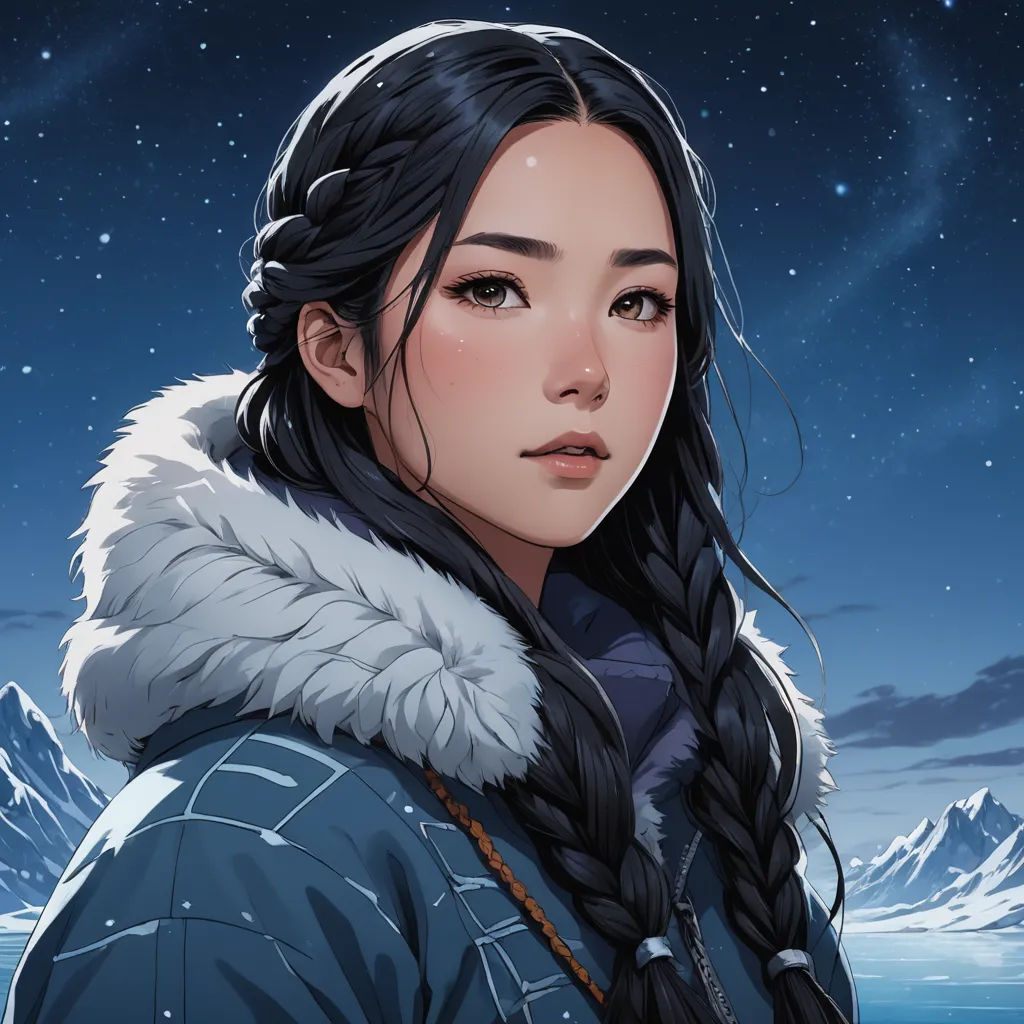 a woman with long hair and a fur collar standing in front of a mountain range at night with stars, fantasy art, a character portrait, Charlie Bowater, stanley artgerm lau