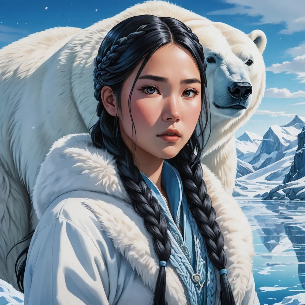 a woman with a polar bear on her shoulder and a mountain in the background with snow on the ground, fantasy art, a digital painting, Artgerm, stanley artgerm lau