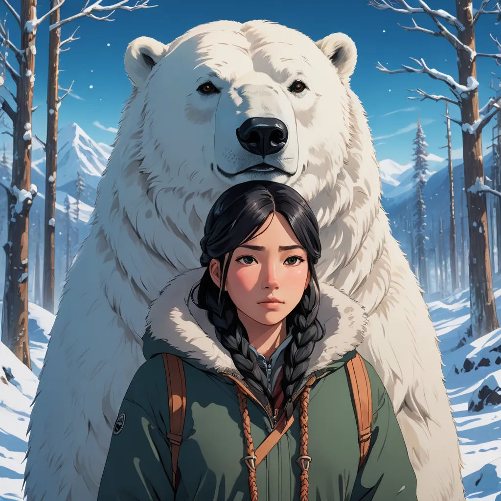a woman standing next to a polar bear in the snow with a forest in the background and a sky with stars, furry art, a character portrait, Atey Ghailan, official art