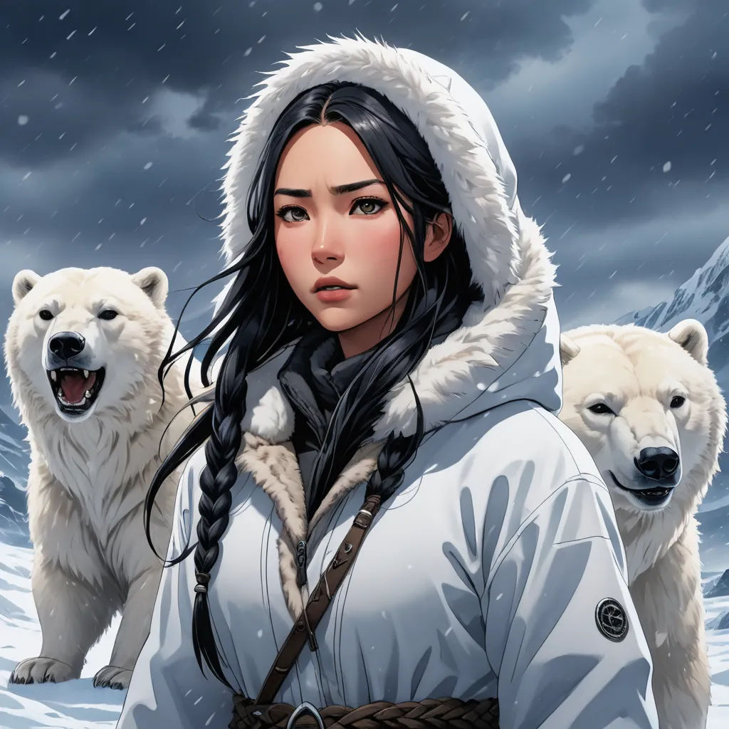a woman with long hair and a white coat standing in the snow with polar bears behind her and a dark sky with clouds, fantasy art, a character portrait, Artgerm, cushart krenz