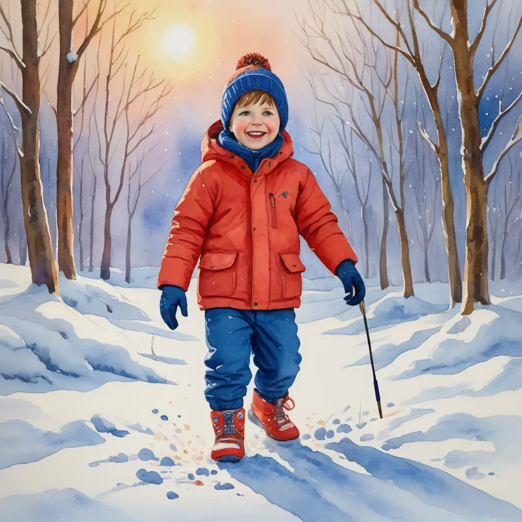 a painting of a child walking through the snow with skis on and a red jacket on, and a blue hat on, photorealism, a storybook illustration, derek zabrocki, in gouache detailed paintings