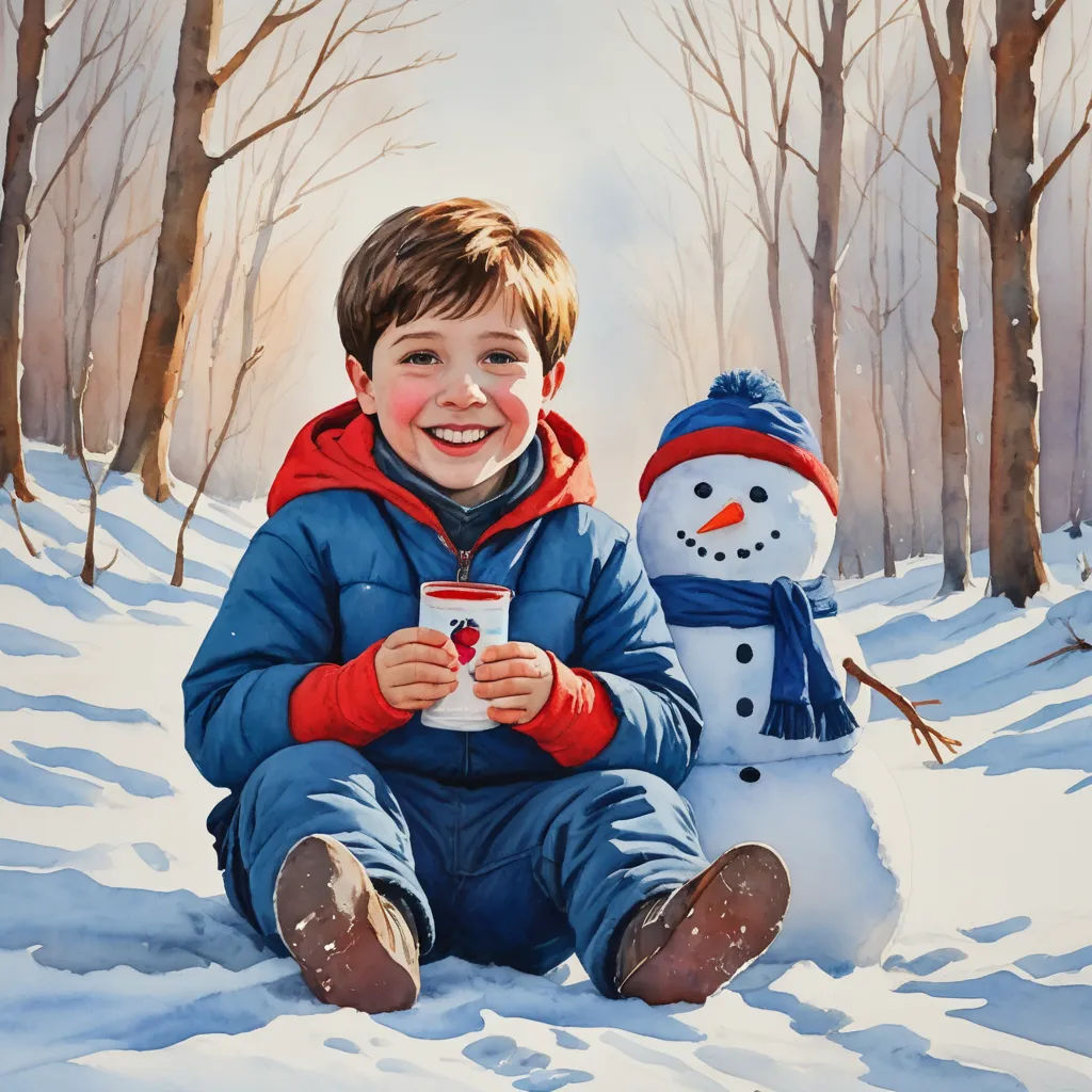 a painting of a boy sitting in the snow with a snowman holding a cup of coffee in front of him, photorealism, a photorealistic painting, Aaron Jasinski, extremely detailed oil painting