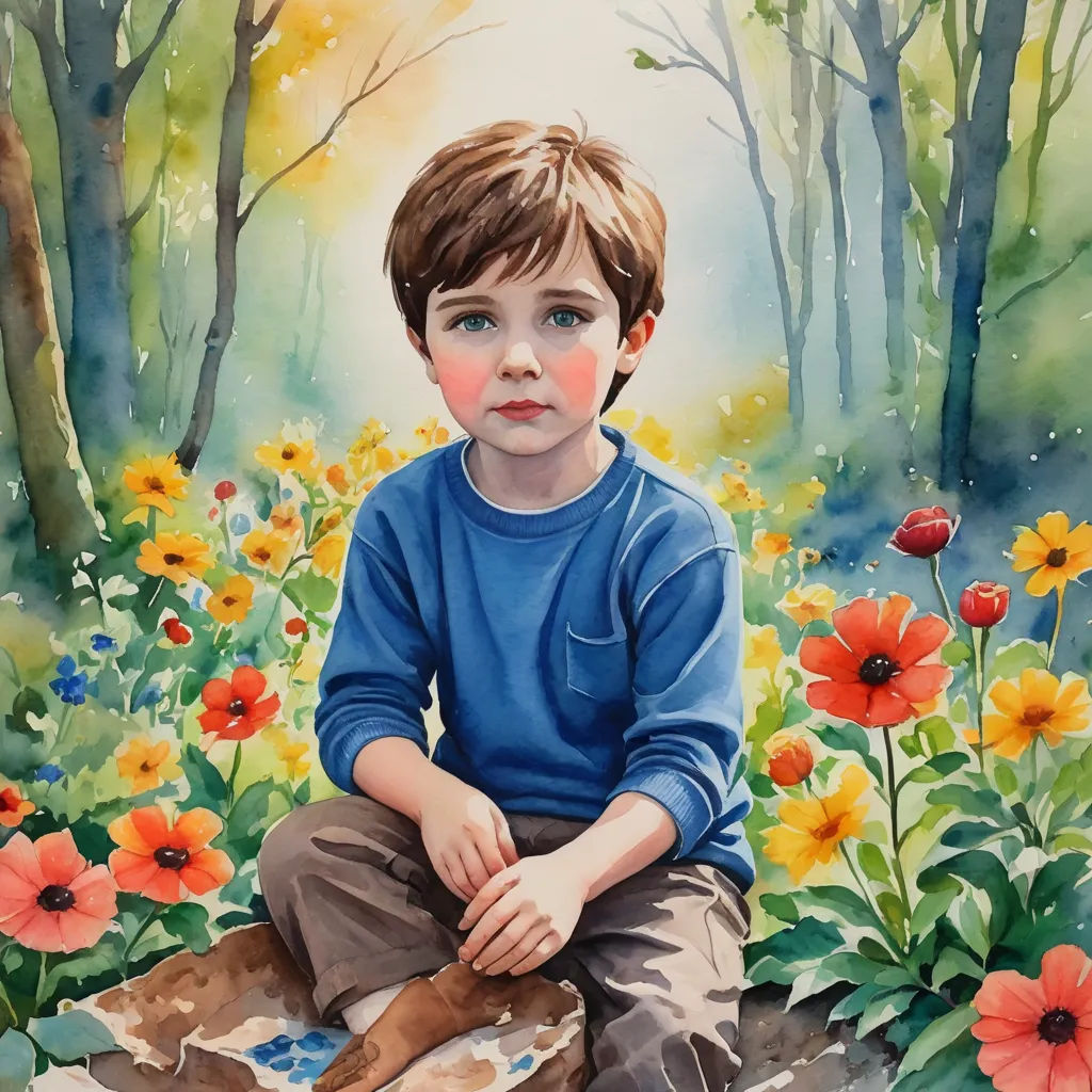 a painting of a boy sitting in a field of flowers with a dog in front of him and a forest behind him, photorealism, a watercolor painting, Anne Rigney, detailed painting