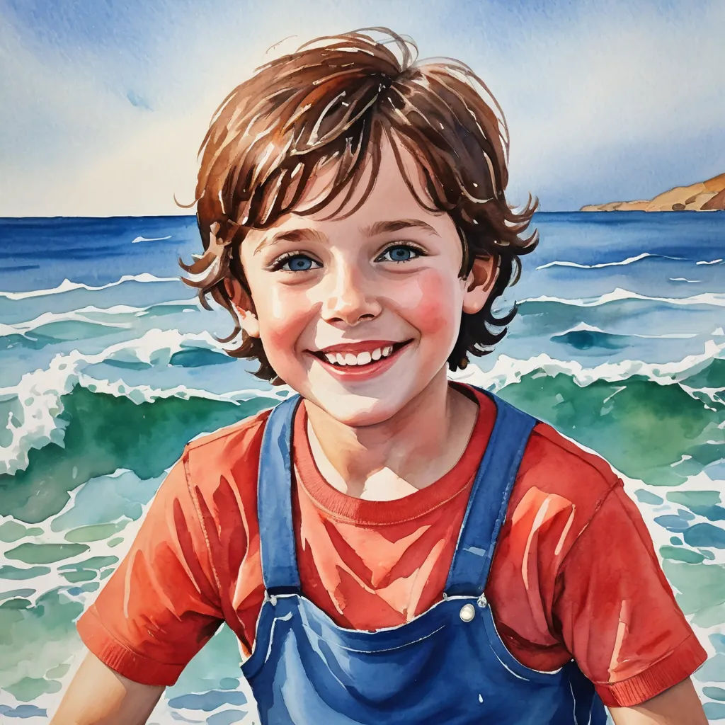 a painting of a boy in overalls standing in the water with a wave coming in behind him and a rock outcropping in the background, photorealism, a watercolor painting, Diego Gisbert Llorens, detailed painting