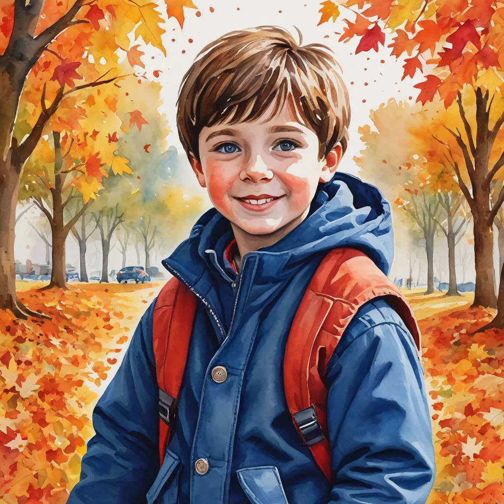 a painting of a boy in a blue jacket and red backpack in a park with fall leaves on the ground, photorealism, a detailed painting, Aaron Jasinski, detailed painting
