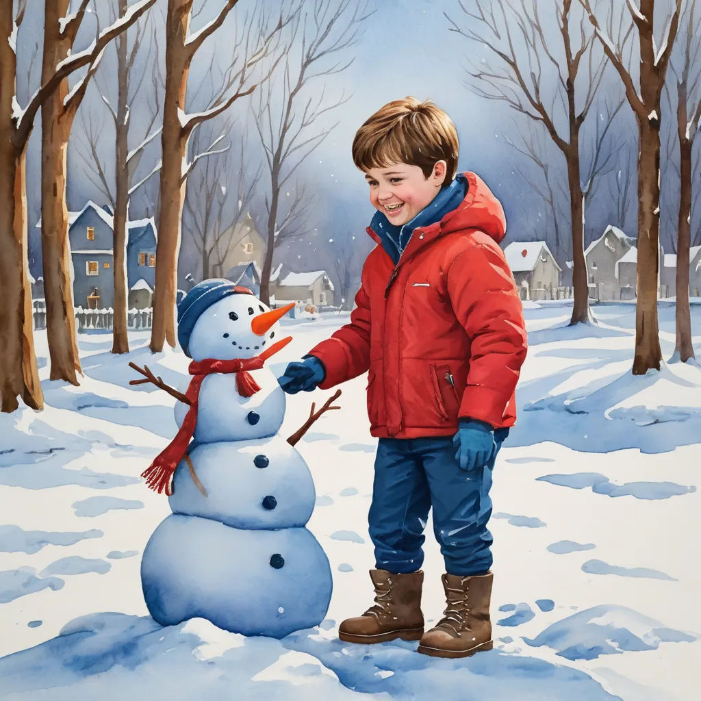 a painting of a boy building a snowman in the snow with a snowman in the background and a house in the background, american scene painting, a fine art painting, Bob Byerley, highly detailed oil painting