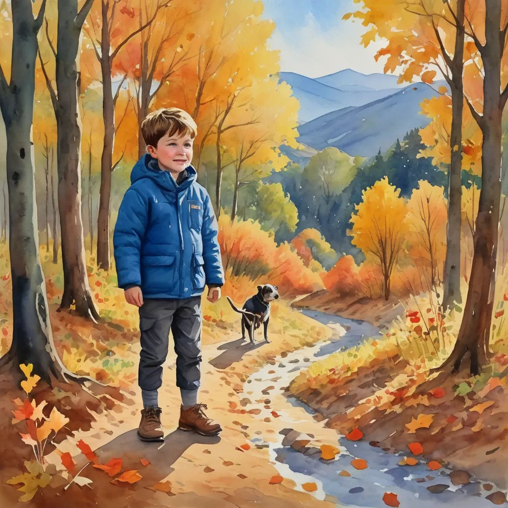 a painting of a boy and his dog on a path in the woods with fall leaves on the ground, american scene painting, a storybook illustration, David Brewster, detailed painting