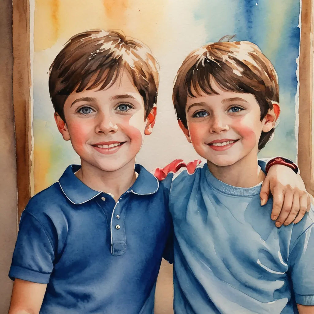 a painting of two boys with blue shirts on, one of them is holding his arm around the other, photorealism, a photorealistic painting, Diego Gisbert Llorens, detailed painting
