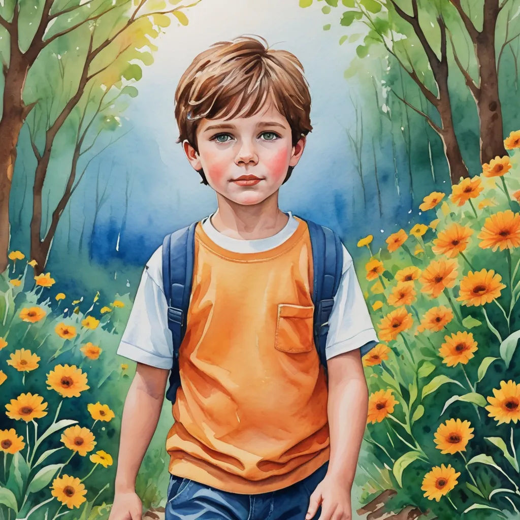 a painting of a boy in a field of flowers with a backpack on his back and a forest in the background, naive art, a storybook illustration, Aaron Jasinski, book cover